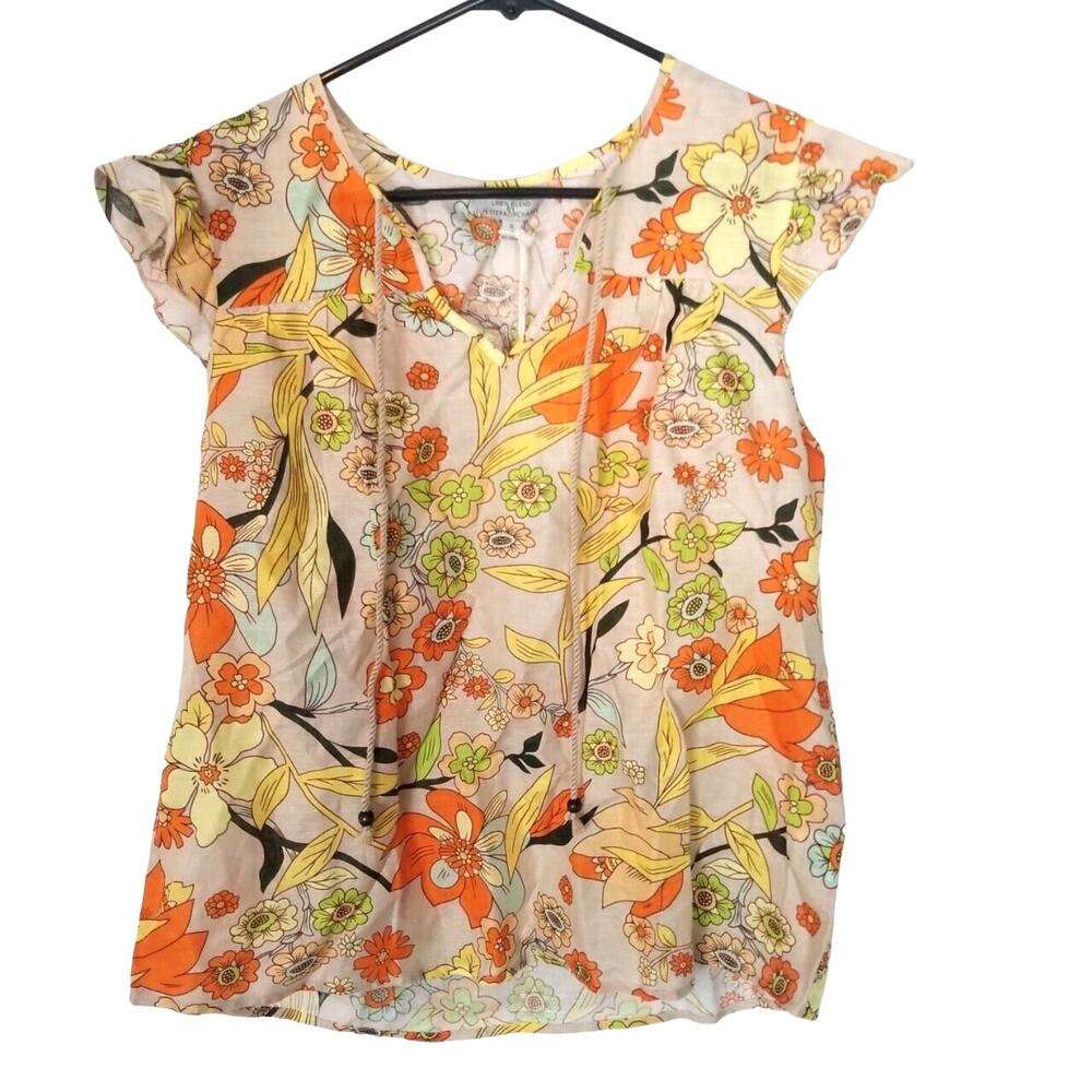 Anthropologie Hester Orchard Women Floral Linen Tunic S Prairie Peasant Cottage